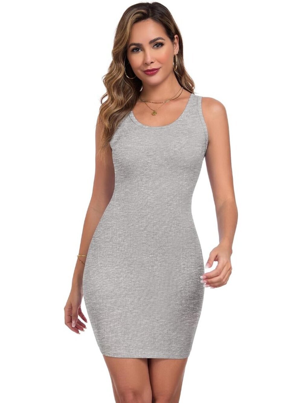 Women's Grey Summer Tank Dress Ribbed Crew s Basic Bodycon Sleeve Mini Dress